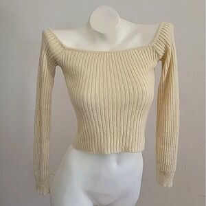 12th Tribe Miley Cropped Rib‎ Knit Off the Shoulder Cropped Sweater Cream NEW